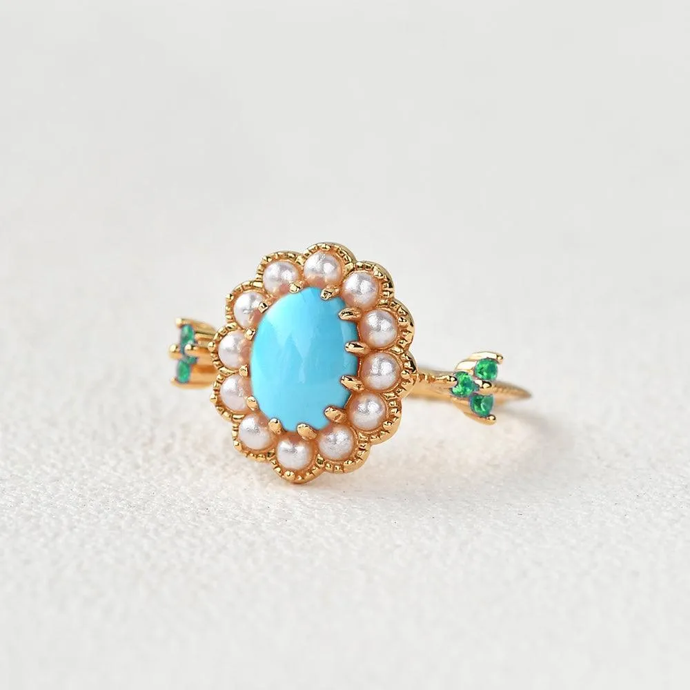 Oval-Shaped Halo Turquoise & Pearl & Lab Emerald Yellow Gold Ring