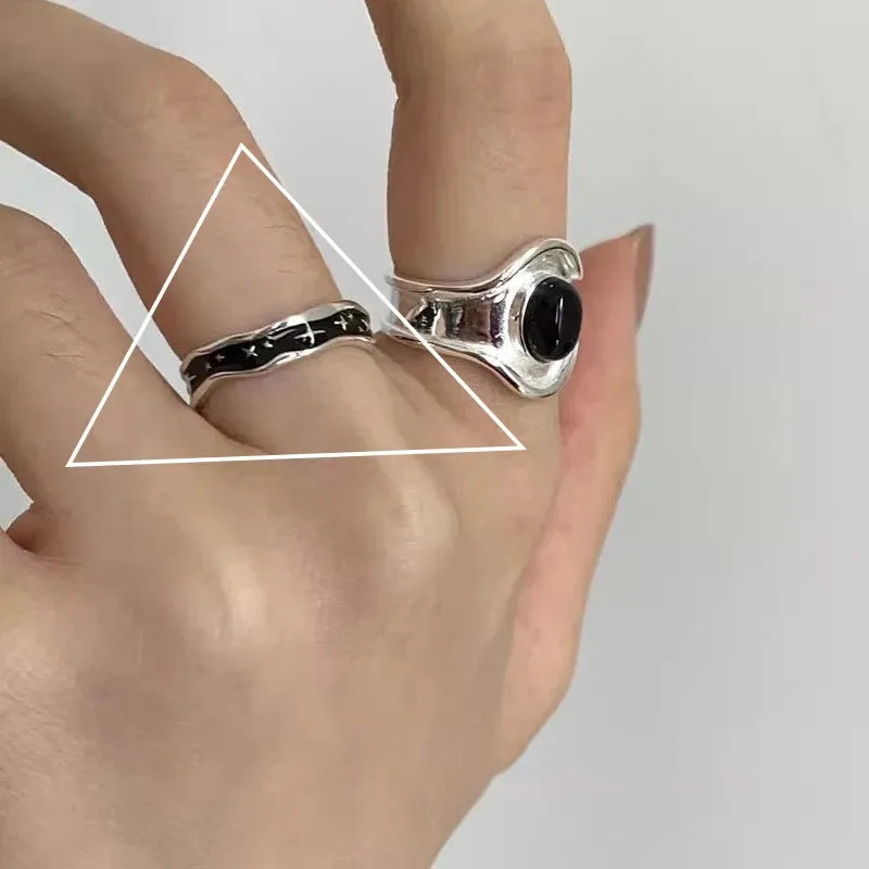 PANJBJ 925 Sterling Silver Geometric Black Stone Rings for Women Girl Korean Simple Adjustable Couple Jewelry Dropshipping