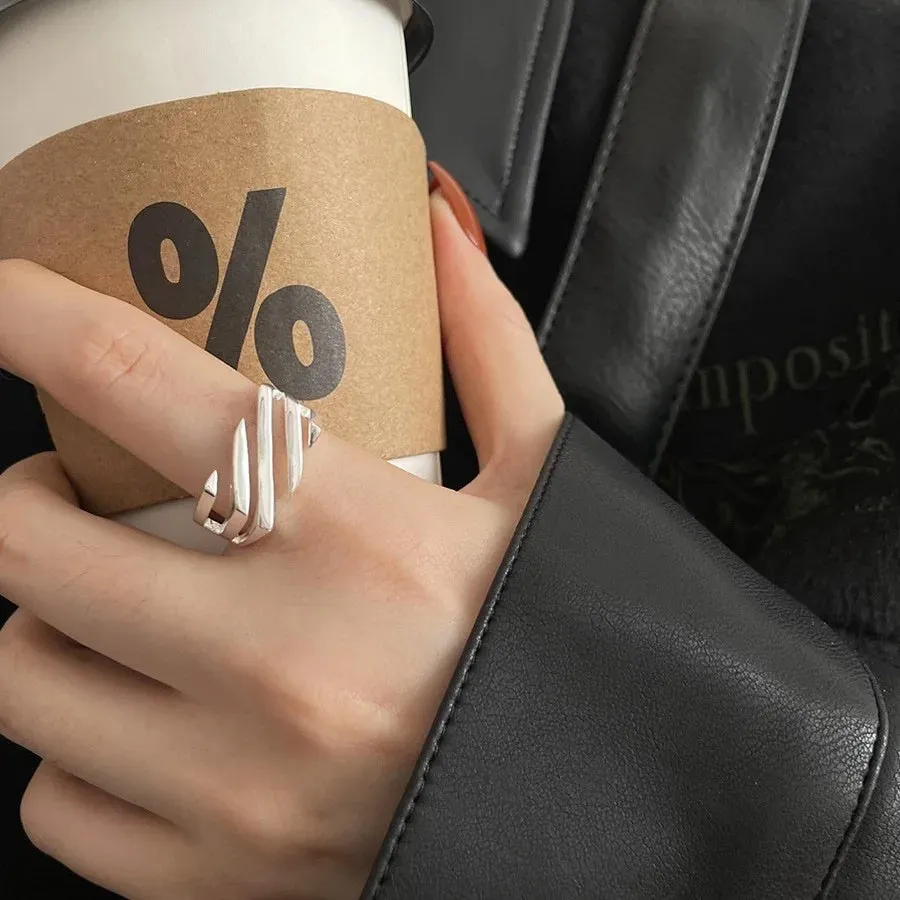 PANJBJ 925 Sterling Silver Geometric Black Stone Rings for Women Girl Korean Simple Adjustable Couple Jewelry Dropshipping