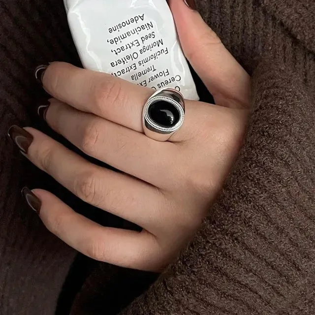 PANJBJ 925 Sterling Silver Geometric Black Stone Rings for Women Girl Korean Simple Adjustable Couple Jewelry Dropshipping