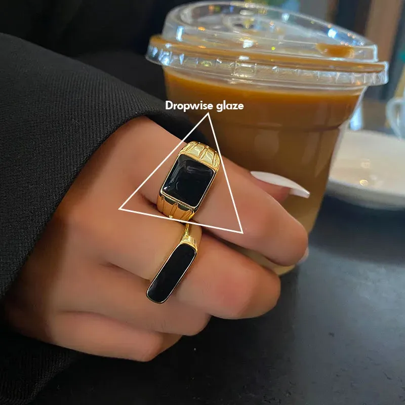PANJBJ 925 Sterling Silver Geometric Black Stone Rings for Women Girl Korean Simple Adjustable Couple Jewelry Dropshipping