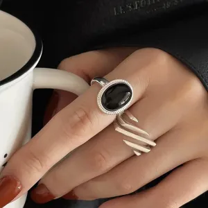 PANJBJ 925 Sterling Silver Geometric Black Stone Rings for Women Girl Korean Simple Adjustable Couple Jewelry Dropshipping