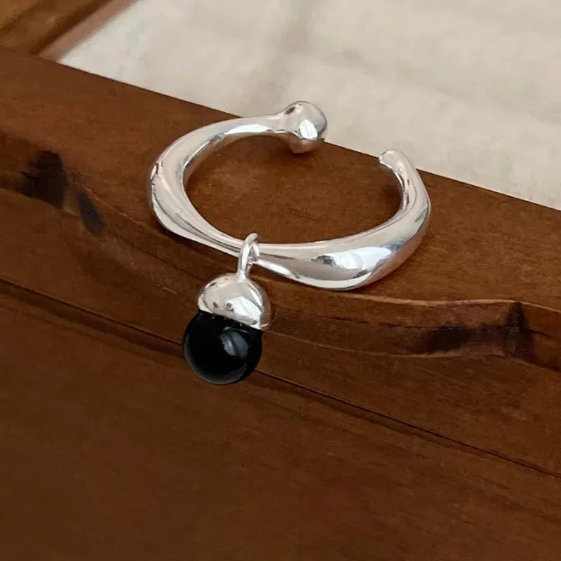 PANJBJ 925 Sterling Silver Geometric Black Stone Rings for Women Girl Korean Simple Adjustable Couple Jewelry Dropshipping