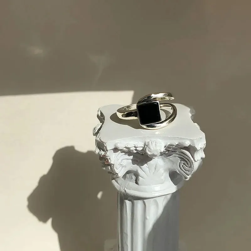 PANJBJ 925 Sterling Silver Geometric Black Stone Rings for Women Girl Korean Simple Adjustable Couple Jewelry Dropshipping