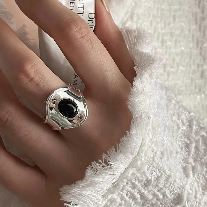 PANJBJ 925 Sterling Silver Geometric Black Stone Rings for Women Girl Korean Simple Adjustable Couple Jewelry Dropshipping