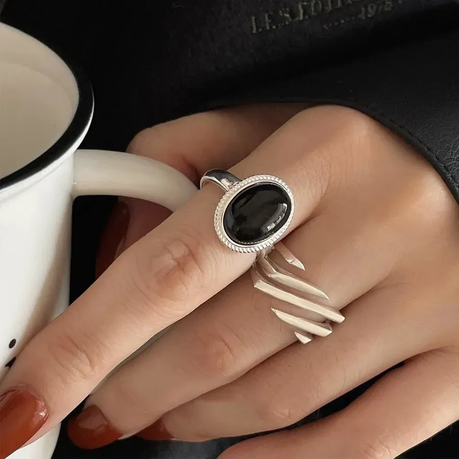 PANJBJ 925 Sterling Silver Geometric Black Stone Rings for Women Girl Korean Simple Adjustable Couple Jewelry Dropshipping