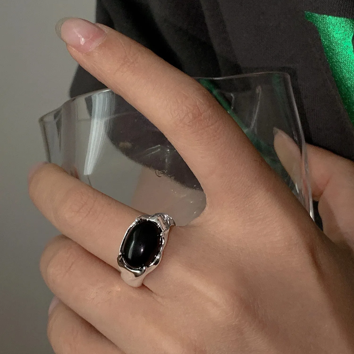 PANJBJ 925 Sterling Silver Geometric Black Stone Rings for Women Girl Korean Simple Adjustable Couple Jewelry Dropshipping