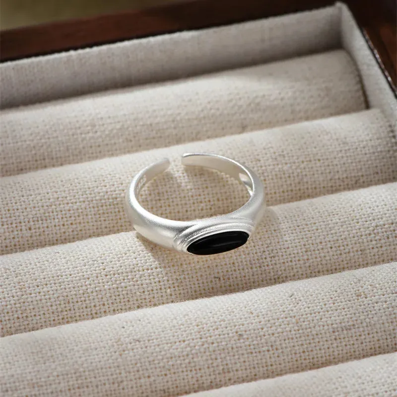 PANJBJ 925 Sterling Silver Geometric Black Stone Rings for Women Girl Korean Simple Adjustable Couple Jewelry Dropshipping