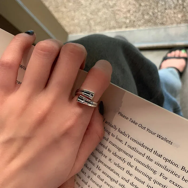 PANJBJ 925 Sterling Silver Geometric Black Stone Rings for Women Girl Korean Simple Adjustable Couple Jewelry Dropshipping