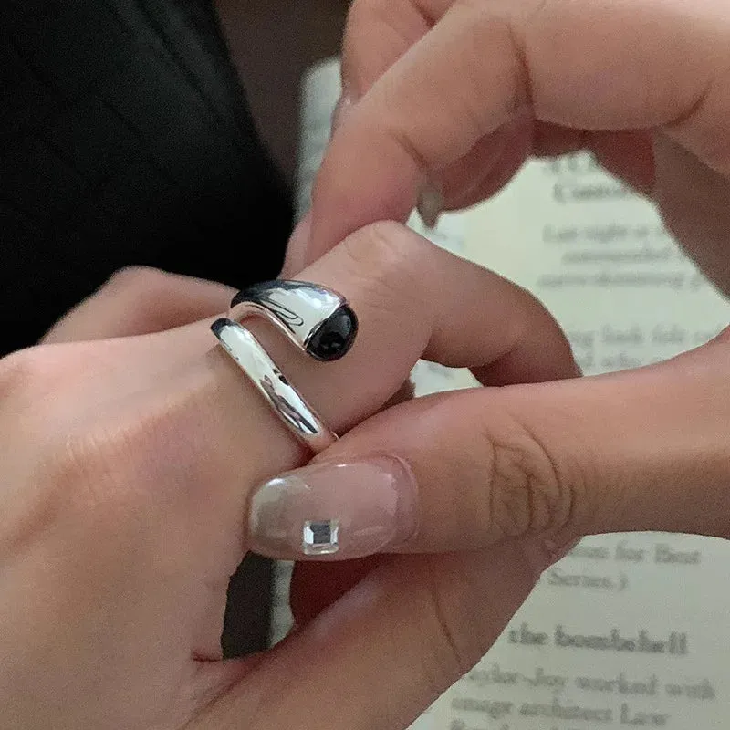 PANJBJ 925 Sterling Silver Geometric Black Stone Rings for Women Girl Korean Simple Adjustable Couple Jewelry Dropshipping