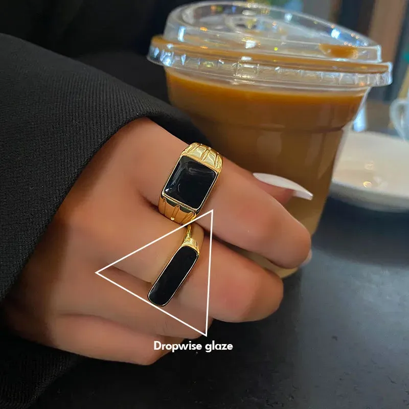 PANJBJ 925 Sterling Silver Geometric Black Stone Rings for Women Girl Korean Simple Adjustable Couple Jewelry Dropshipping