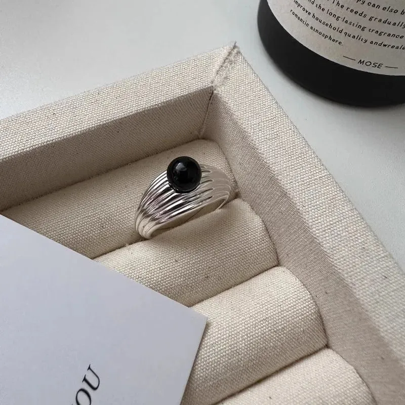 PANJBJ 925 Sterling Silver Geometric Black Stone Rings for Women Girl Korean Simple Adjustable Couple Jewelry Dropshipping