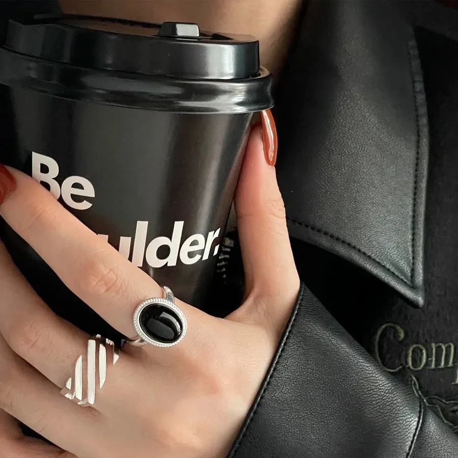 PANJBJ 925 Sterling Silver Geometric Black Stone Rings for Women Girl Korean Simple Adjustable Couple Jewelry Dropshipping
