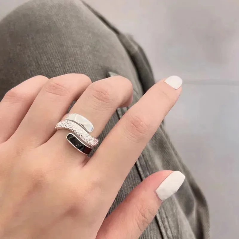 PANJBJ 925 Sterling Silver Geometric Black Stone Rings for Women Girl Korean Simple Adjustable Couple Jewelry Dropshipping