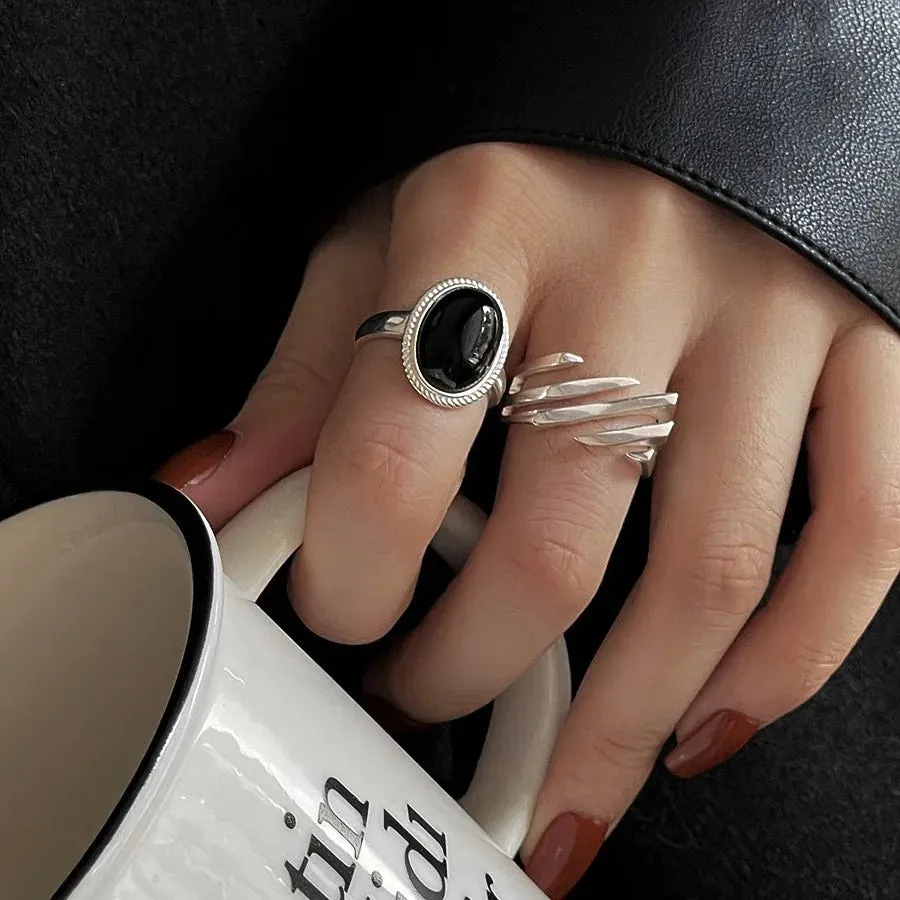 PANJBJ 925 Sterling Silver Geometric Black Stone Rings for Women Girl Korean Simple Adjustable Couple Jewelry Dropshipping