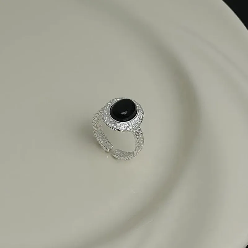 PANJBJ 925 Sterling Silver Geometric Black Stone Rings for Women Girl Korean Simple Adjustable Couple Jewelry Dropshipping