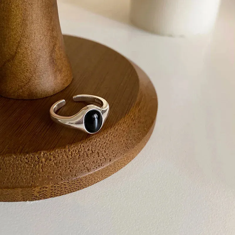 PANJBJ 925 Sterling Silver Geometric Black Stone Rings for Women Girl Korean Simple Adjustable Couple Jewelry Dropshipping