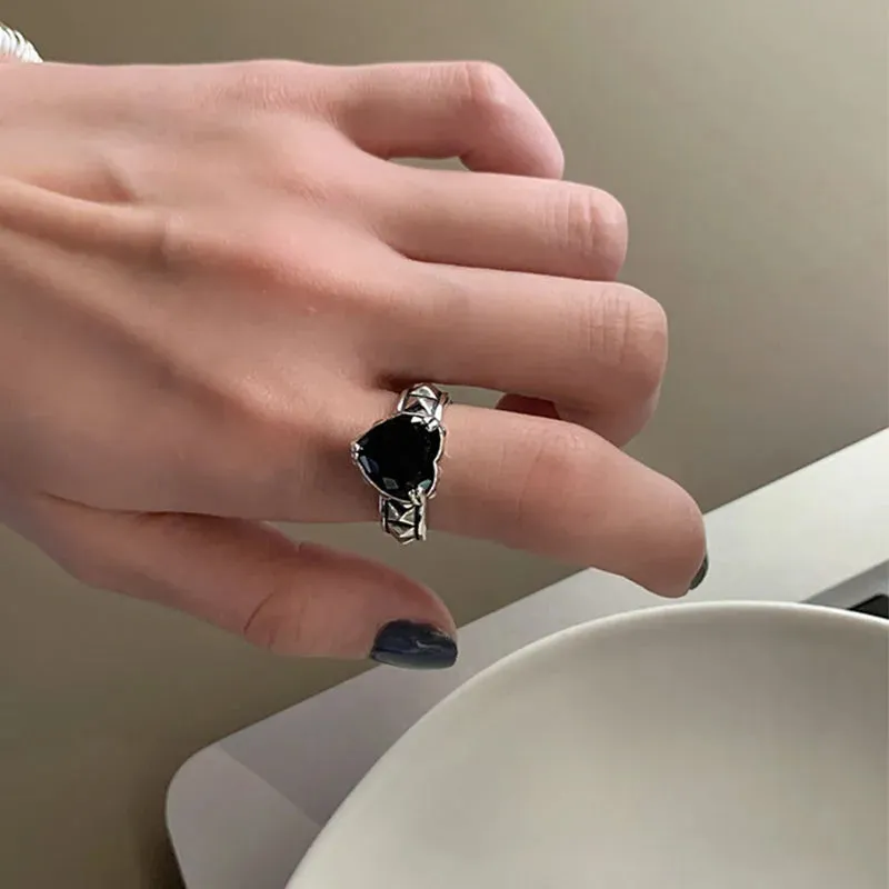PANJBJ 925 Sterling Silver Geometric Black Stone Rings for Women Girl Korean Simple Adjustable Couple Jewelry Dropshipping