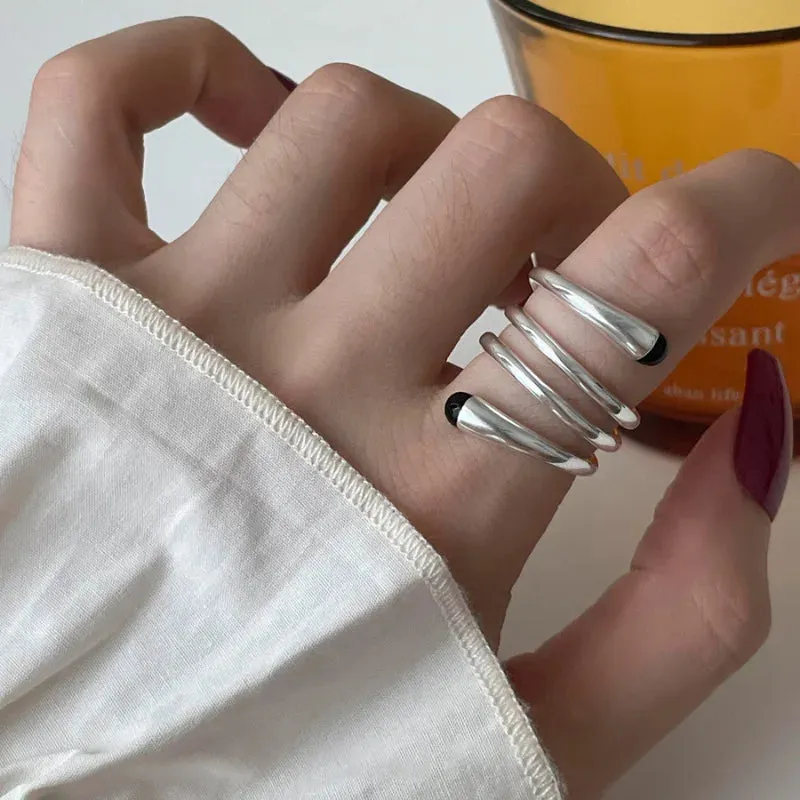 PANJBJ 925 Sterling Silver Geometric Black Stone Rings for Women Girl Korean Simple Adjustable Couple Jewelry Dropshipping