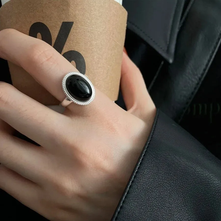 PANJBJ 925 Sterling Silver Geometric Black Stone Rings for Women Girl Korean Simple Adjustable Couple Jewelry Dropshipping