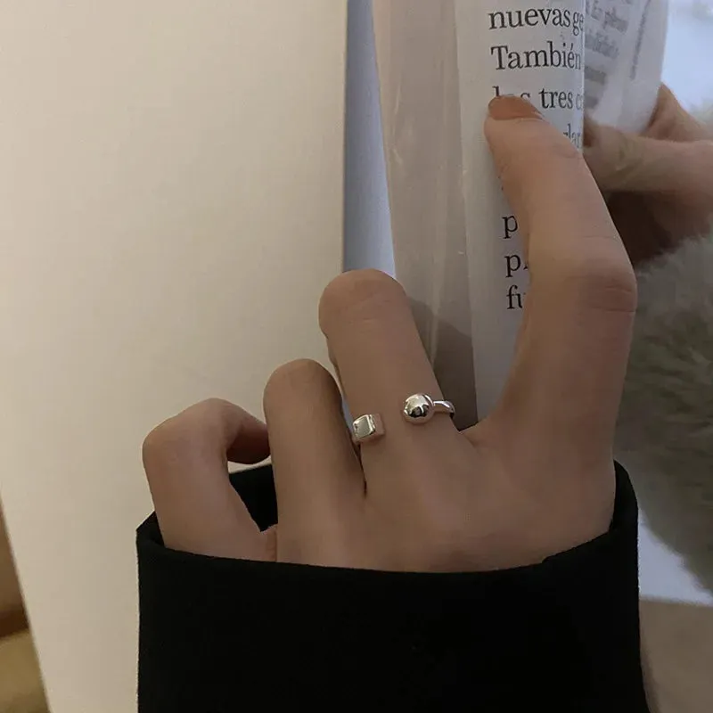 PANJBJ 925 Sterling Silver Geometric Black Stone Rings for Women Girl Korean Simple Adjustable Couple Jewelry Dropshipping