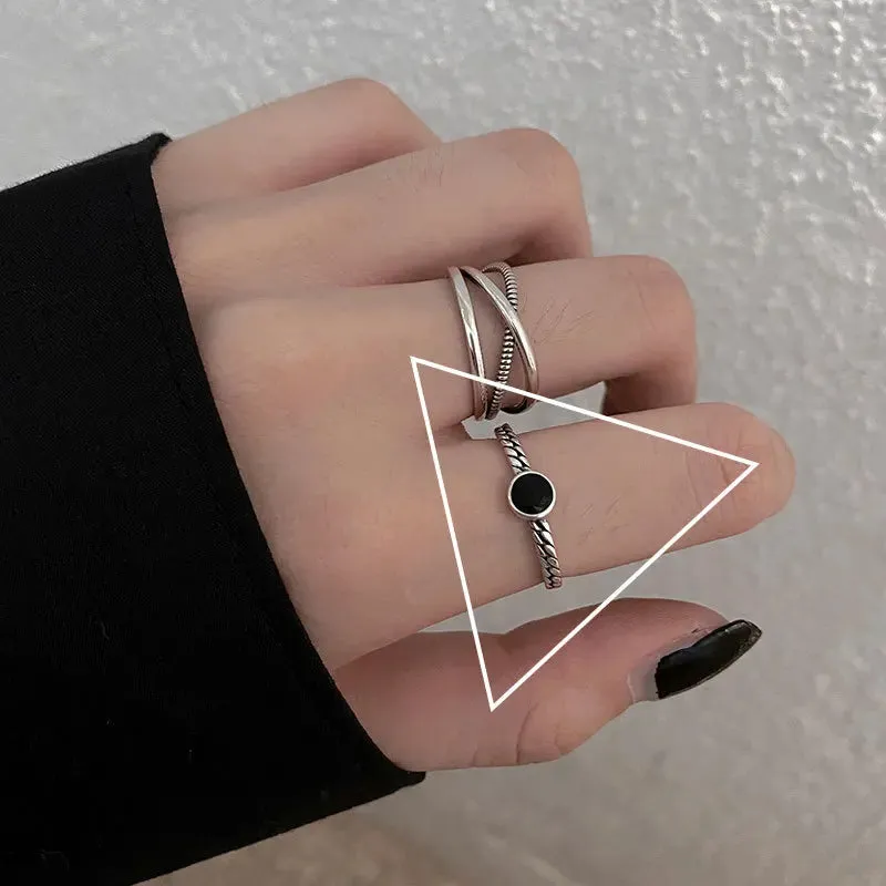 PANJBJ 925 Sterling Silver Geometric Black Stone Rings for Women Girl Korean Simple Adjustable Couple Jewelry Dropshipping