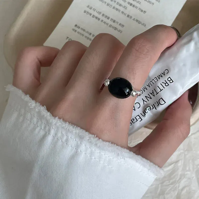 PANJBJ 925 Sterling Silver Geometric Black Stone Rings for Women Girl Korean Simple Adjustable Couple Jewelry Dropshipping