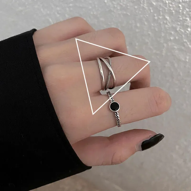PANJBJ 925 Sterling Silver Geometric Black Stone Rings for Women Girl Korean Simple Adjustable Couple Jewelry Dropshipping