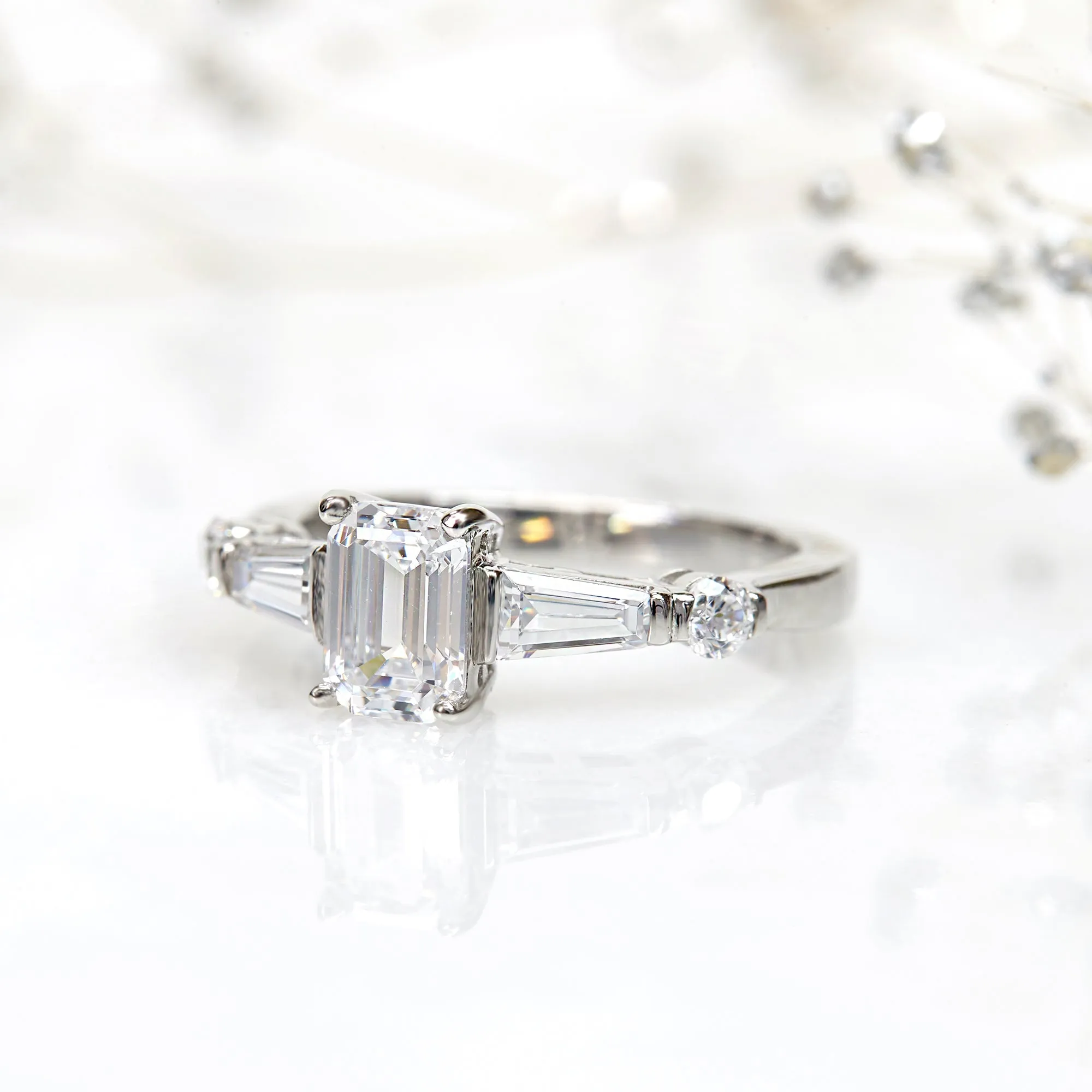 Platinum Plated Sterling Silver Diamond Simulant Art Deco Ring
