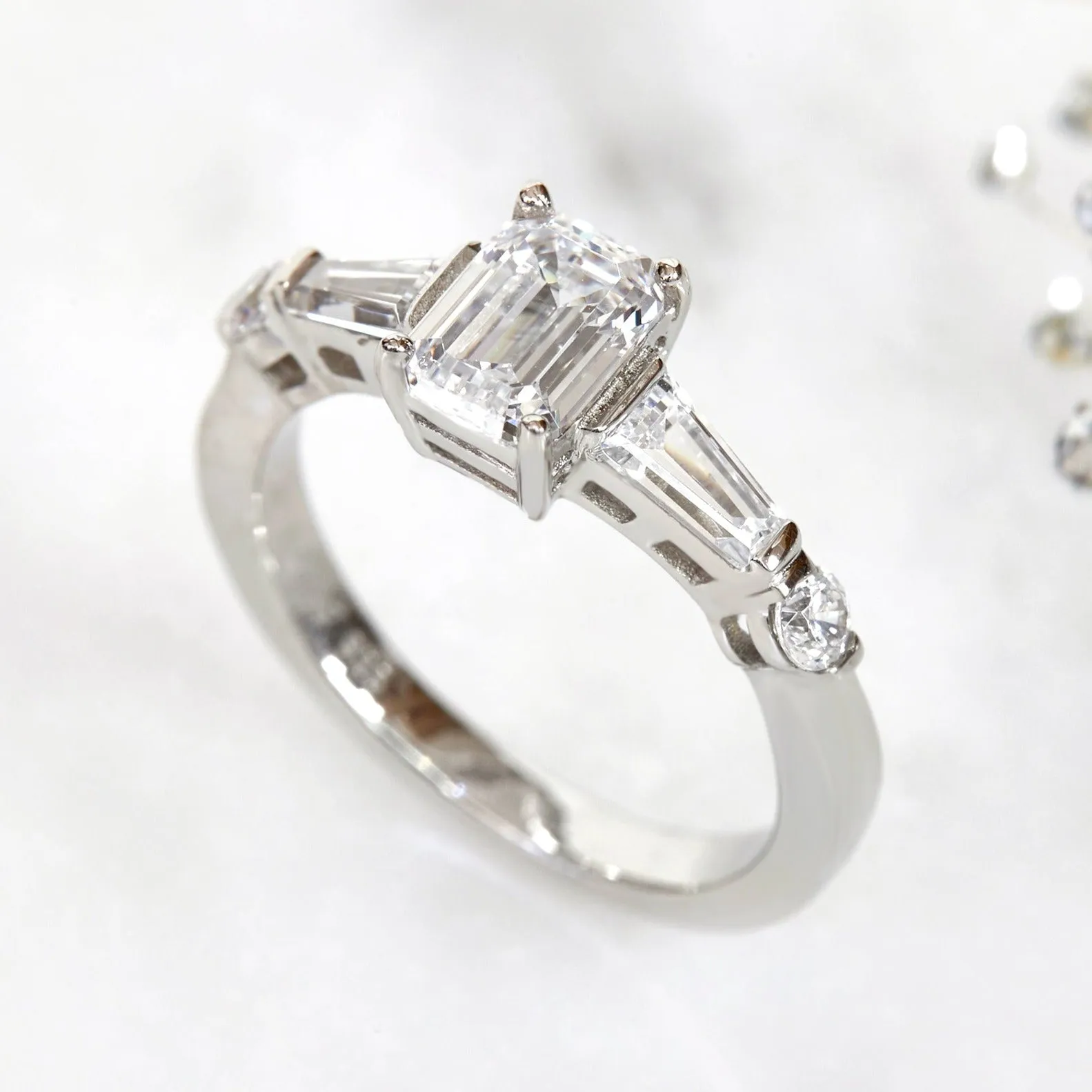 Platinum Plated Sterling Silver Diamond Simulant Art Deco Ring