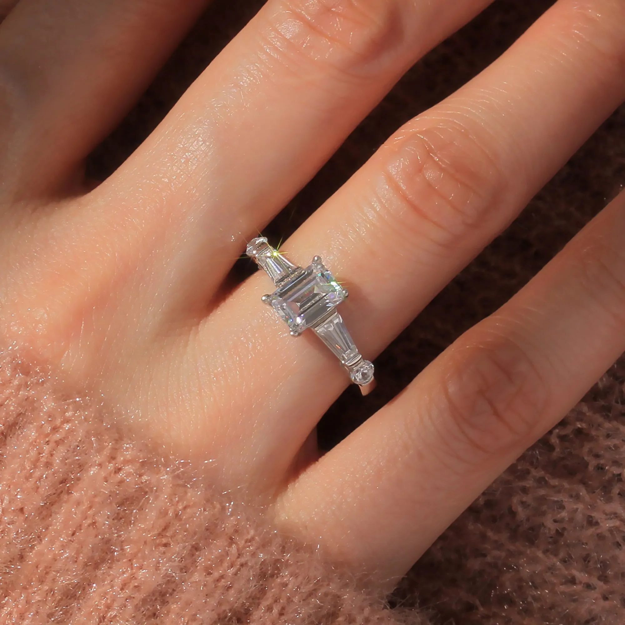 Platinum Plated Sterling Silver Diamond Simulant Art Deco Ring