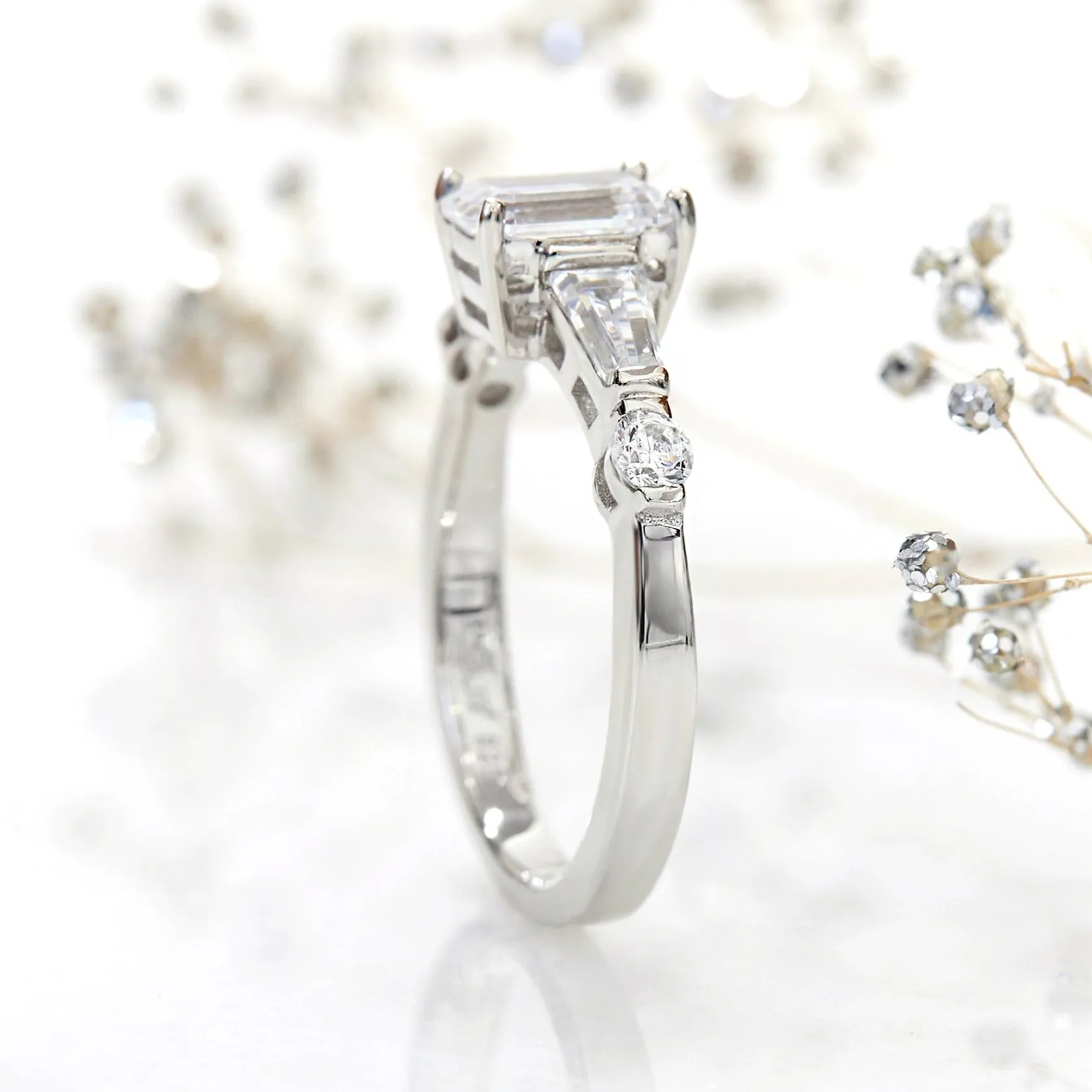 Platinum Plated Sterling Silver Diamond Simulant Art Deco Ring