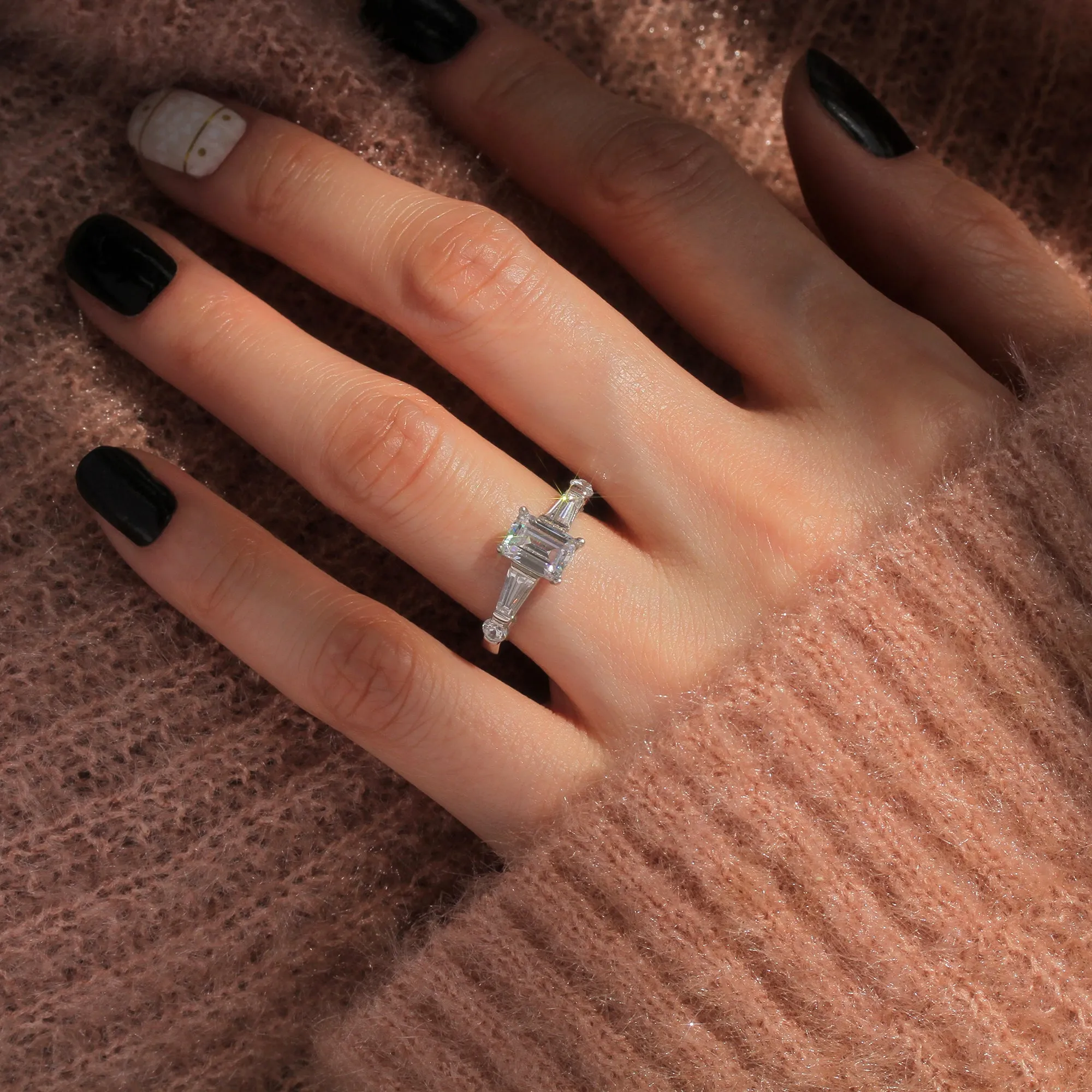 Platinum Plated Sterling Silver Diamond Simulant Art Deco Ring