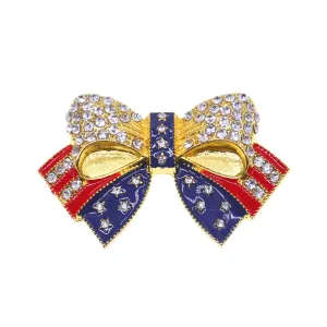 Rhinestone Brooches Gold Tone Crystal Enamel USA Flag Bow-knot Shape Brooch Pin