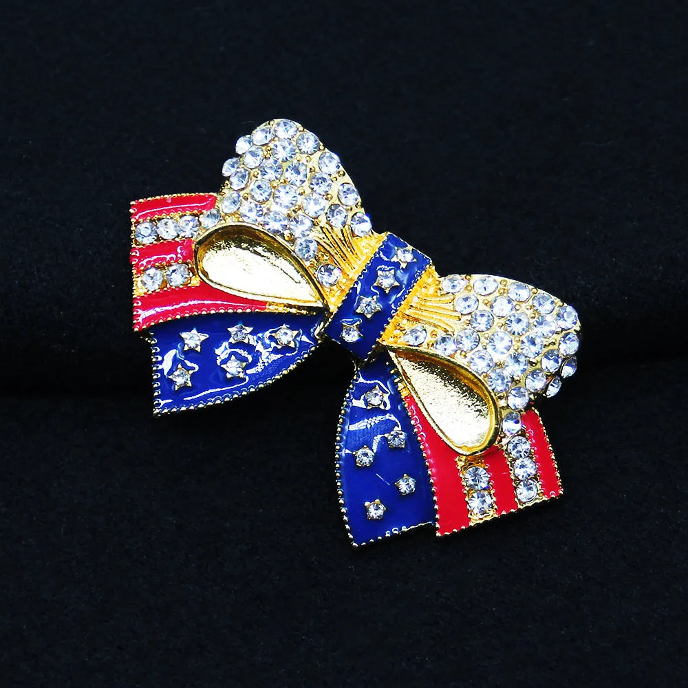 Rhinestone Brooches Gold Tone Crystal Enamel USA Flag Bow-knot Shape Brooch Pin