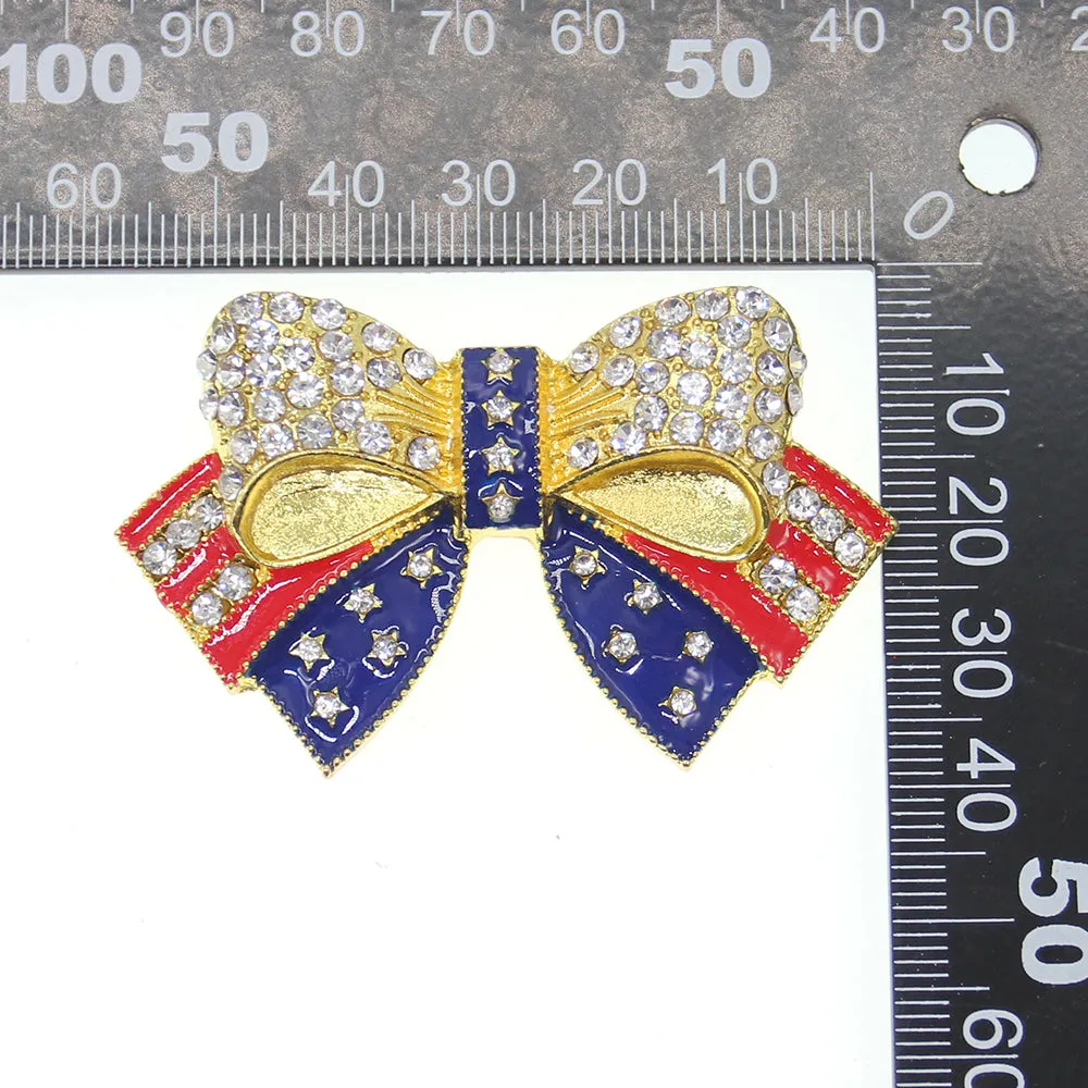 Rhinestone Brooches Gold Tone Crystal Enamel USA Flag Bow-knot Shape Brooch Pin