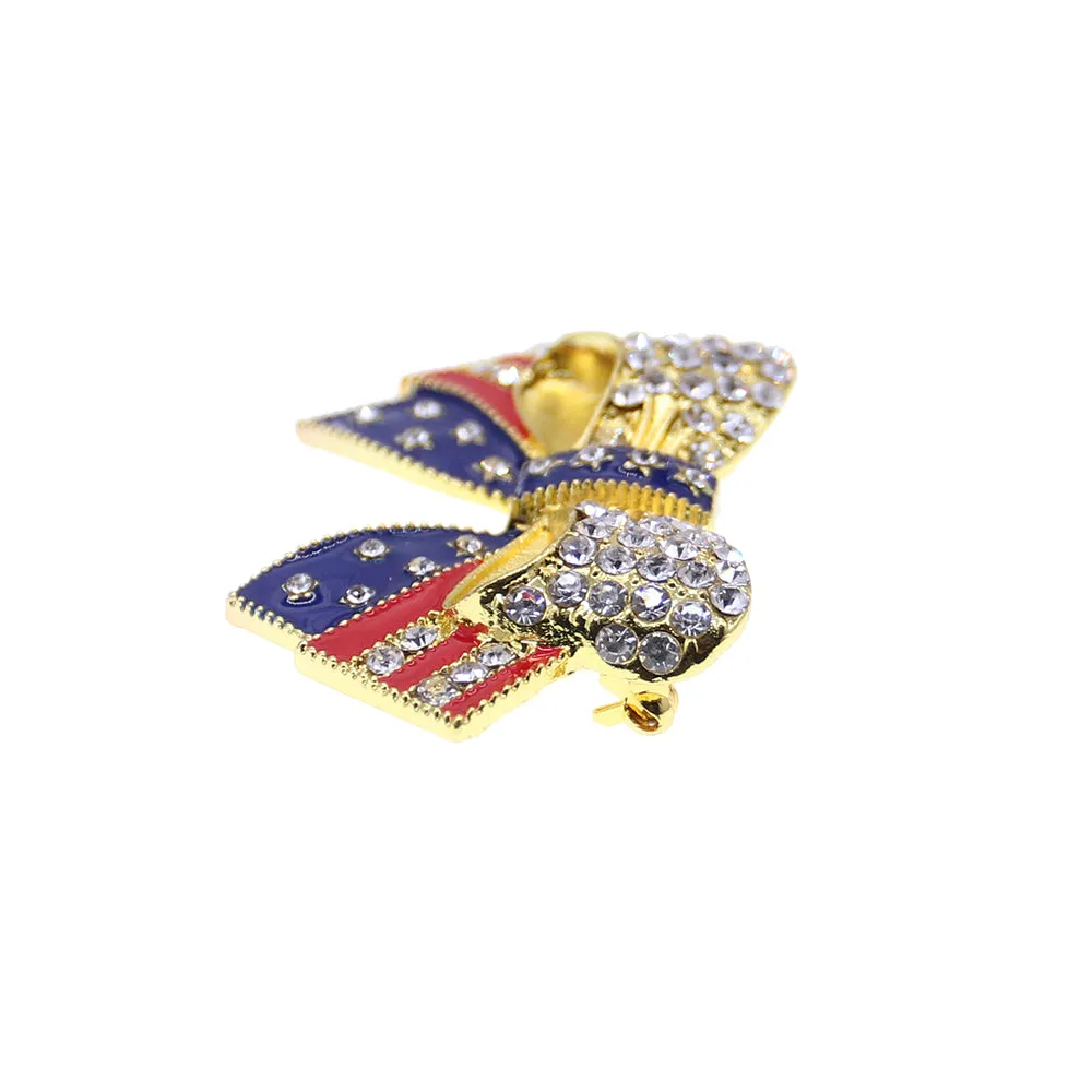 Rhinestone Brooches Gold Tone Crystal Enamel USA Flag Bow-knot Shape Brooch Pin