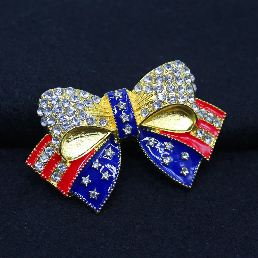 Rhinestone Brooches Gold Tone Crystal Enamel USA Flag Bow-knot Shape Brooch Pin