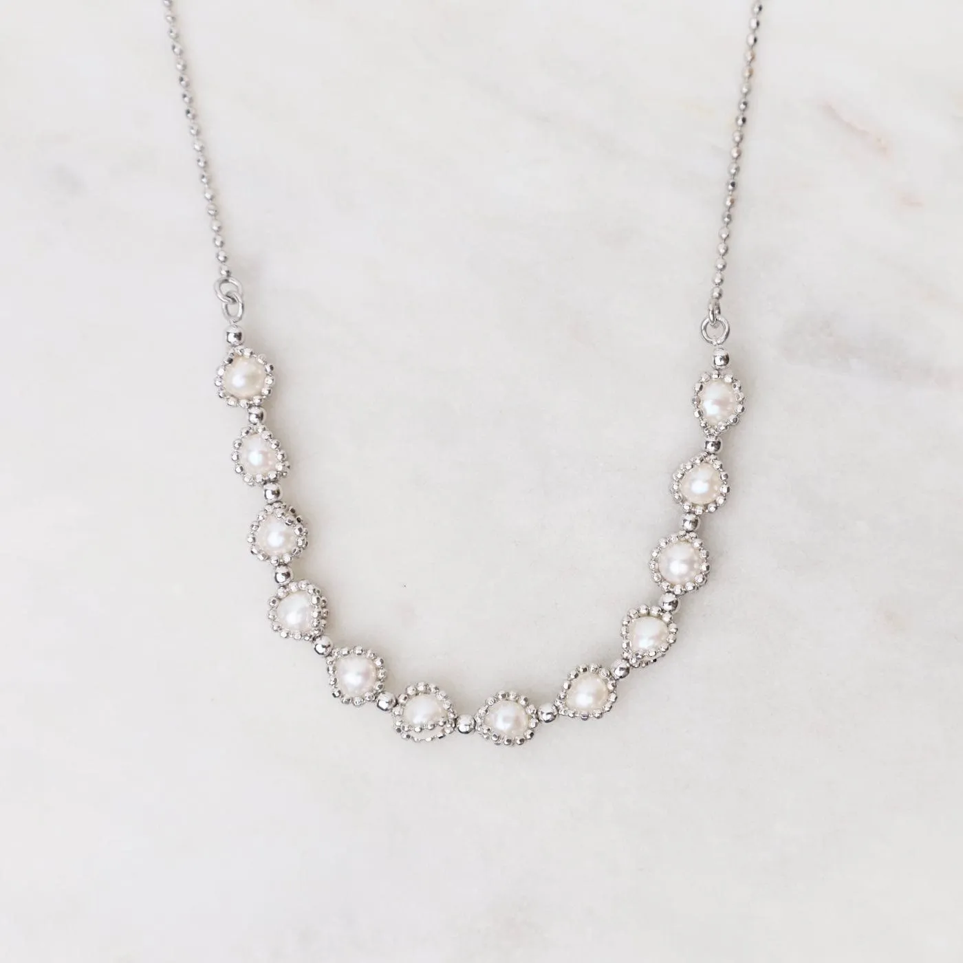 Rhodium Plated Sterling 12 Captured Pearls Necklace