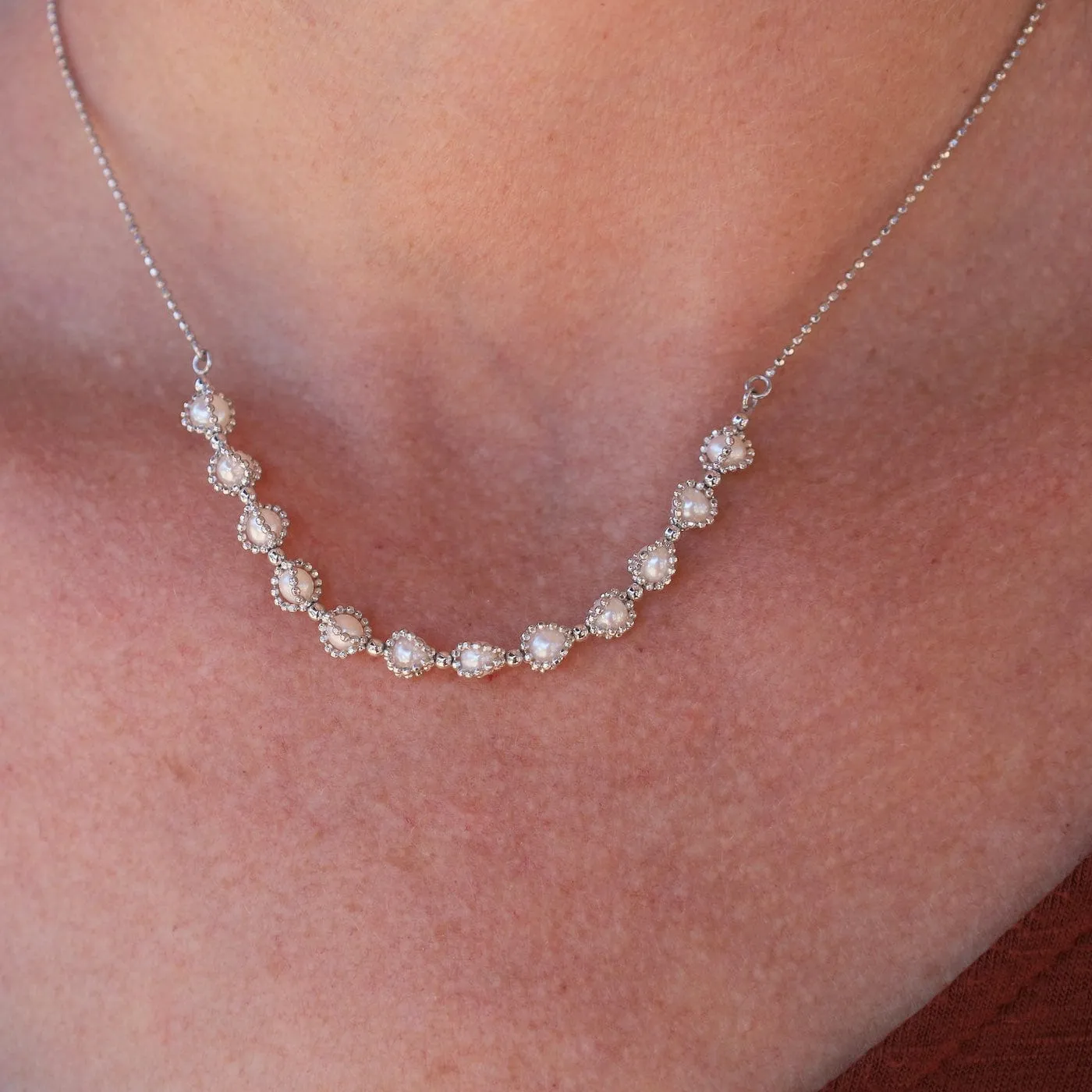Rhodium Plated Sterling 12 Captured Pearls Necklace