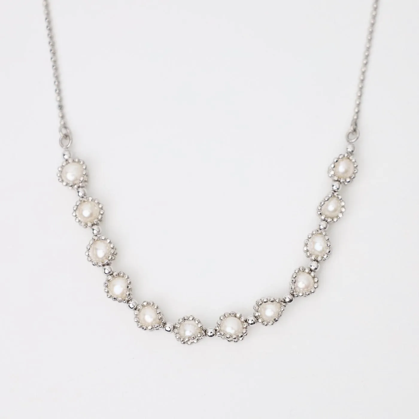 Rhodium Plated Sterling 12 Captured Pearls Necklace