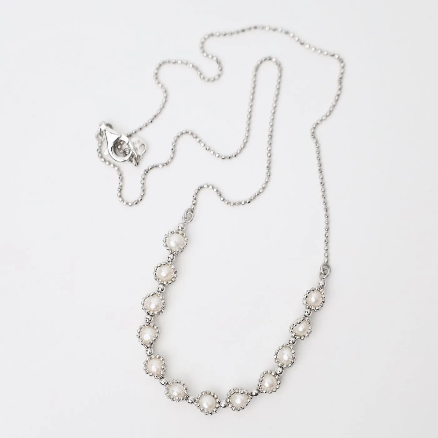 Rhodium Plated Sterling 12 Captured Pearls Necklace