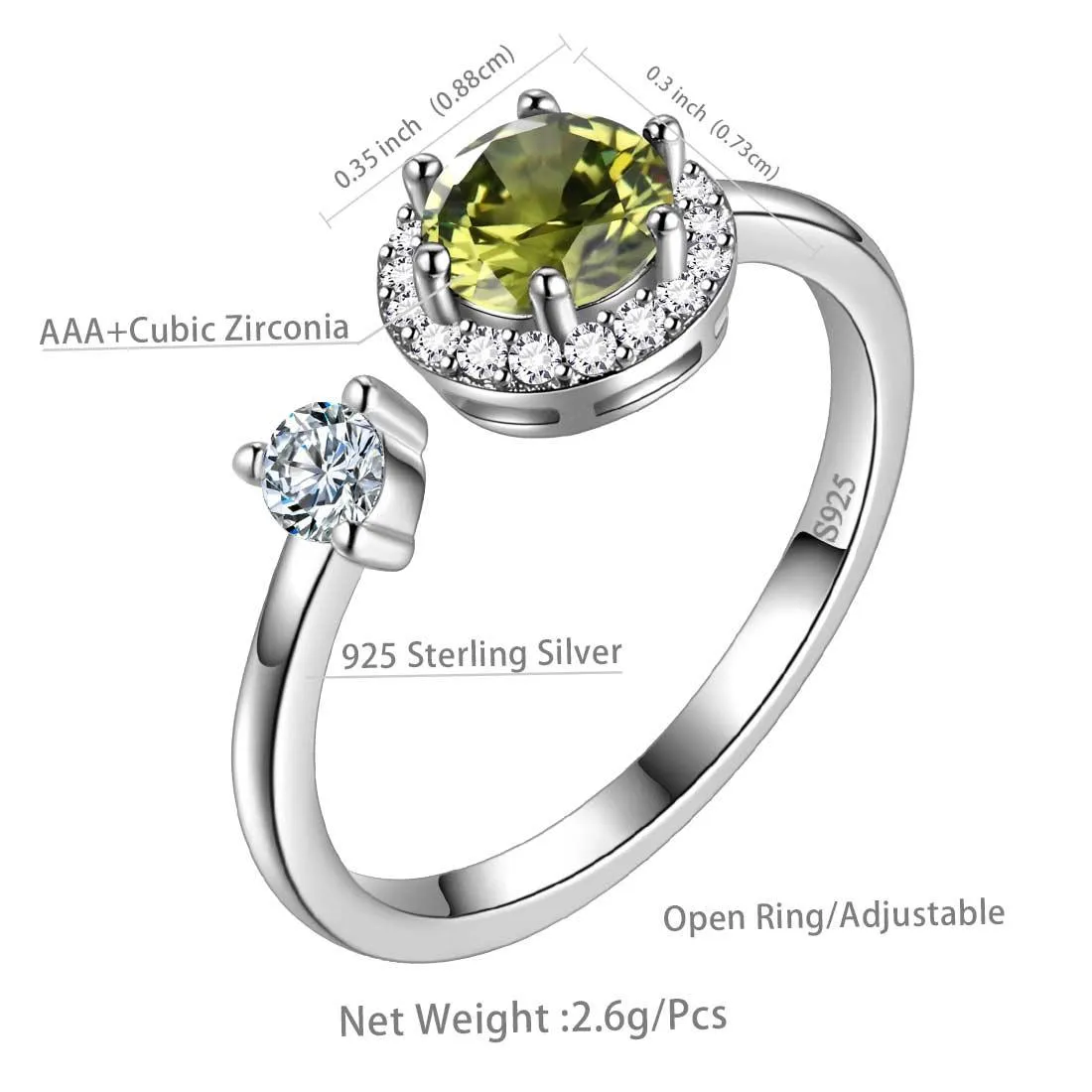 Round Birthstone August Peridot Ring Women Girls Jewelry Birthday Gift Sterling Silver