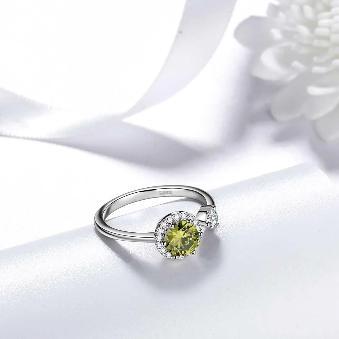 Round Birthstone August Peridot Ring Women Girls Jewelry Birthday Gift Sterling Silver