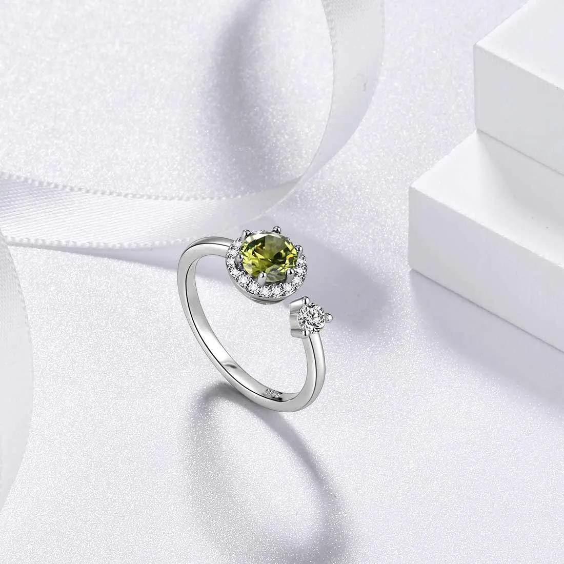 Round Birthstone August Peridot Ring Women Girls Jewelry Birthday Gift Sterling Silver