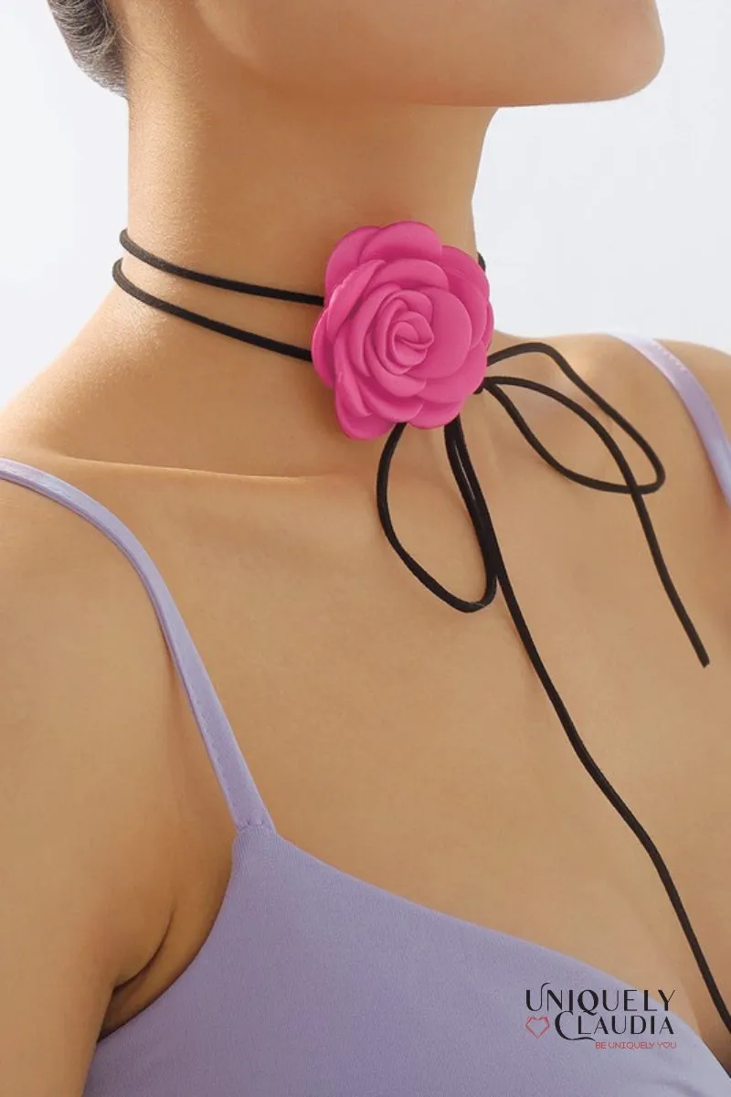 Satin Rose & Suede Choker