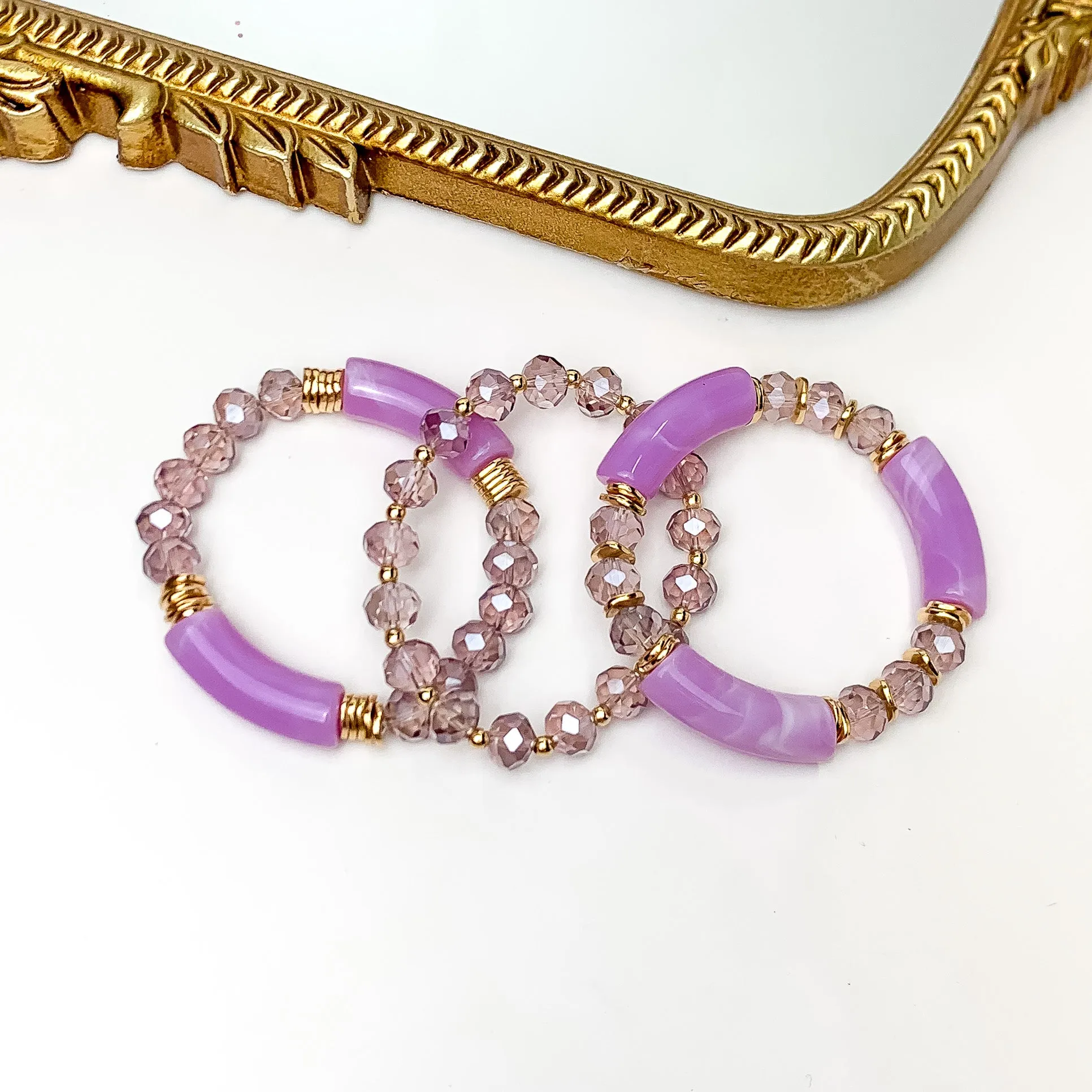 Set of Three | Sunny Bliss Crystal Beaded Bracelet Set in Purple