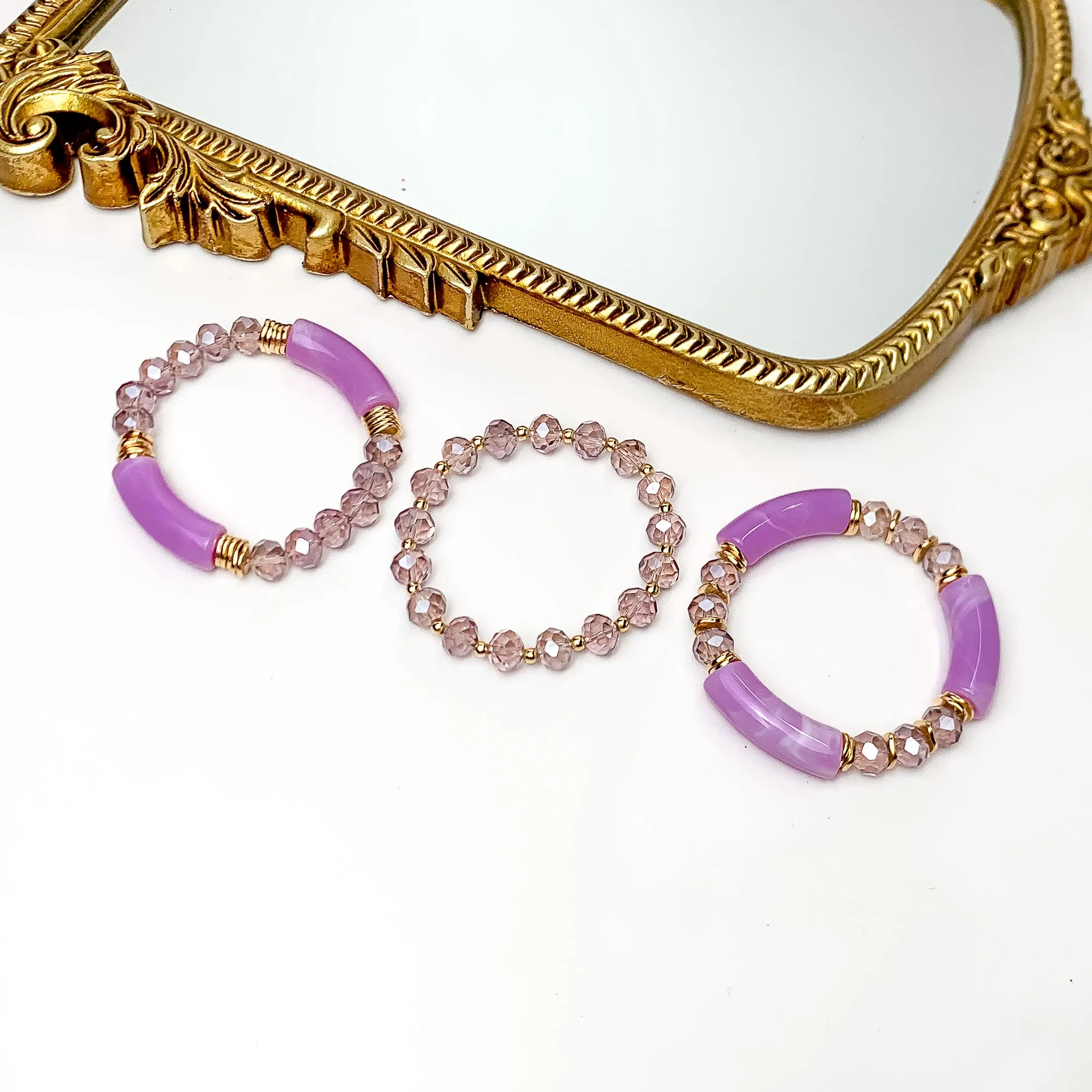 Set of Three | Sunny Bliss Crystal Beaded Bracelet Set in Purple