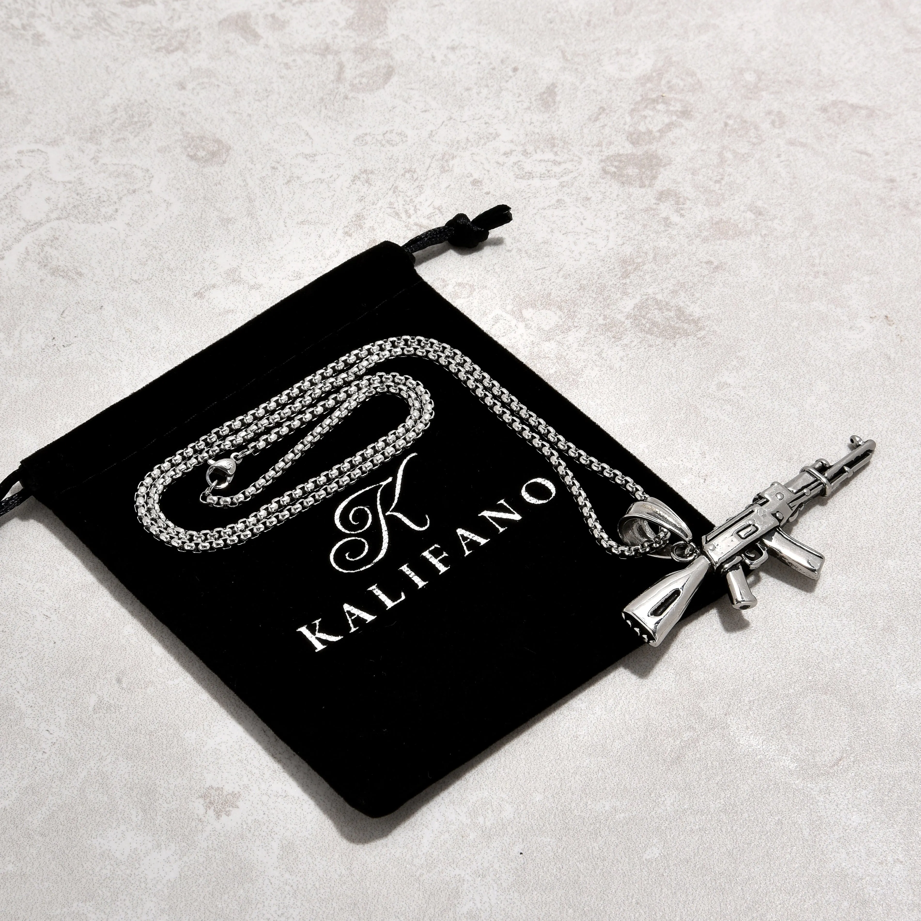 Silver AK-47 Gun Steel Hearts Necklace
