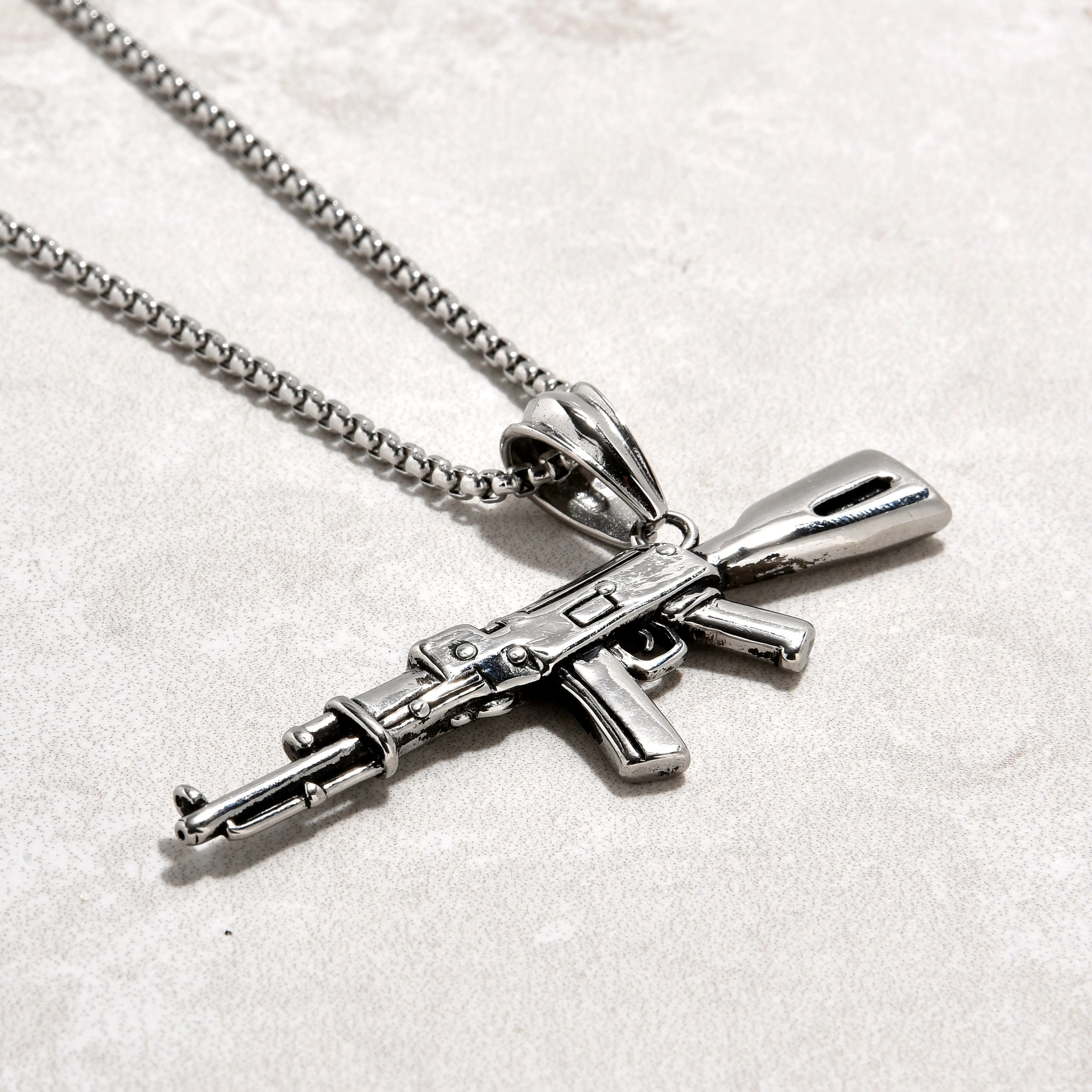 Silver AK-47 Gun Steel Hearts Necklace